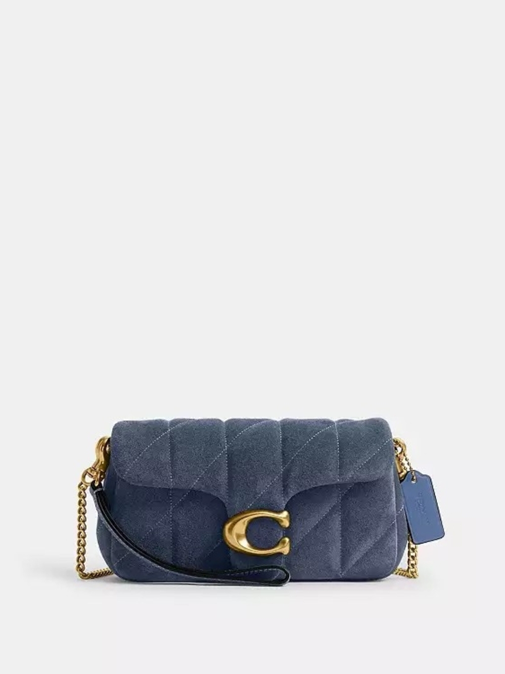 Coach Tabby 19 Quilted Blue Suede Shoulder Bag with Gold Hardware